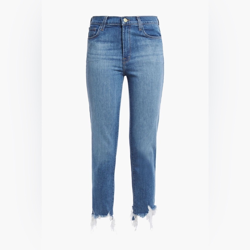 j brand High waisted raw him blue jeans 25 denim frayed light wash quiet luxury